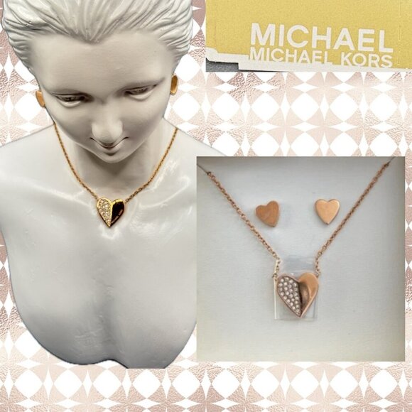 Michael Kors Logo Pave Heart Pendant Necklace Rose-Gold Heart Stud Earrings Set - Picture 1 of 6